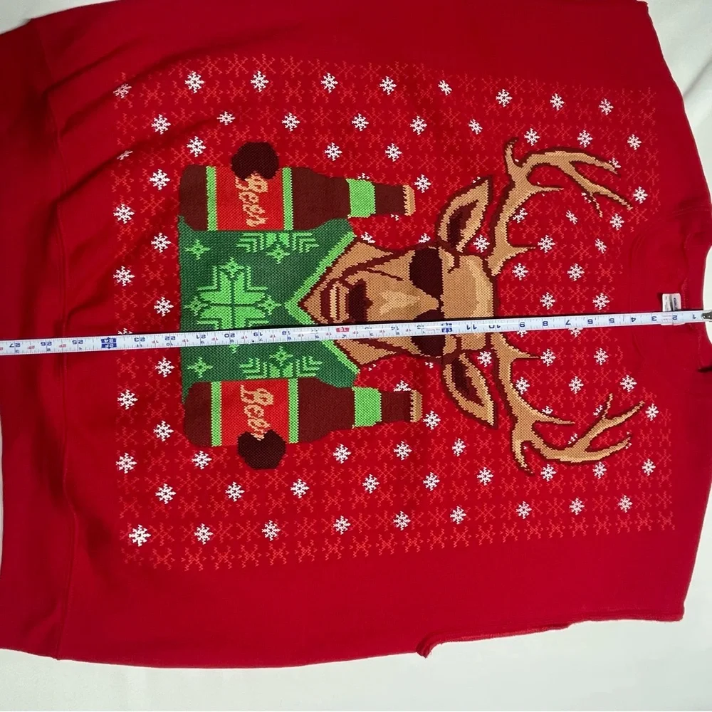 Gildan Red Holiday Reindeer Sweater Vest with Green and Brown Accents